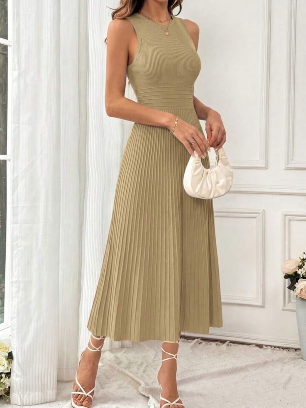 Sleeveless Pleated Midi Dress in Camel